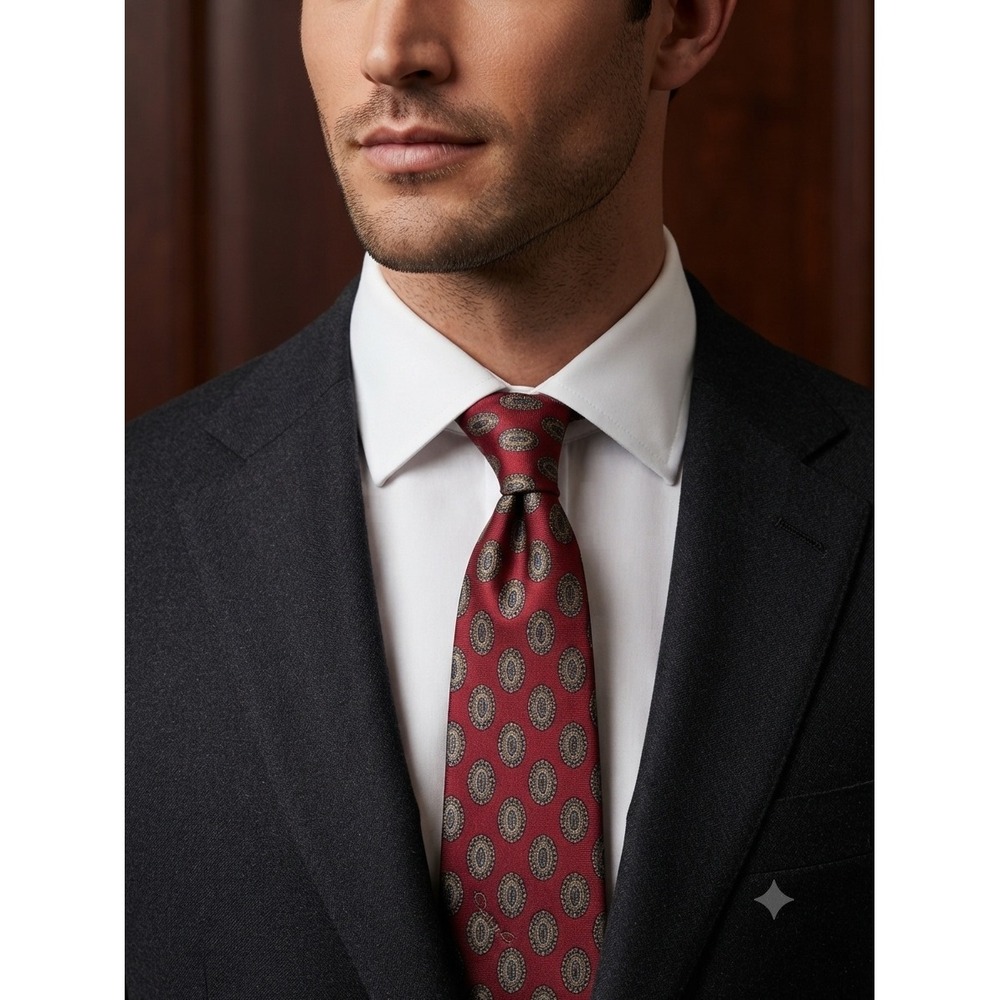 Oscar de la Renta Mens Silk Tie Burgundy Red Medallion Pattern Geometric Formal